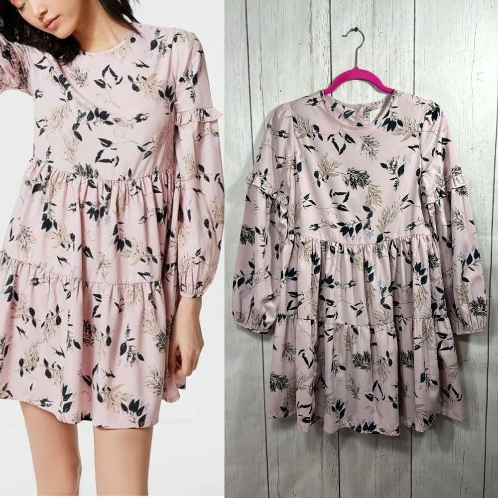Urban Outfitters Pink Floral Tiered Babydoll Long Sleeve Mini Dress Cottagecore